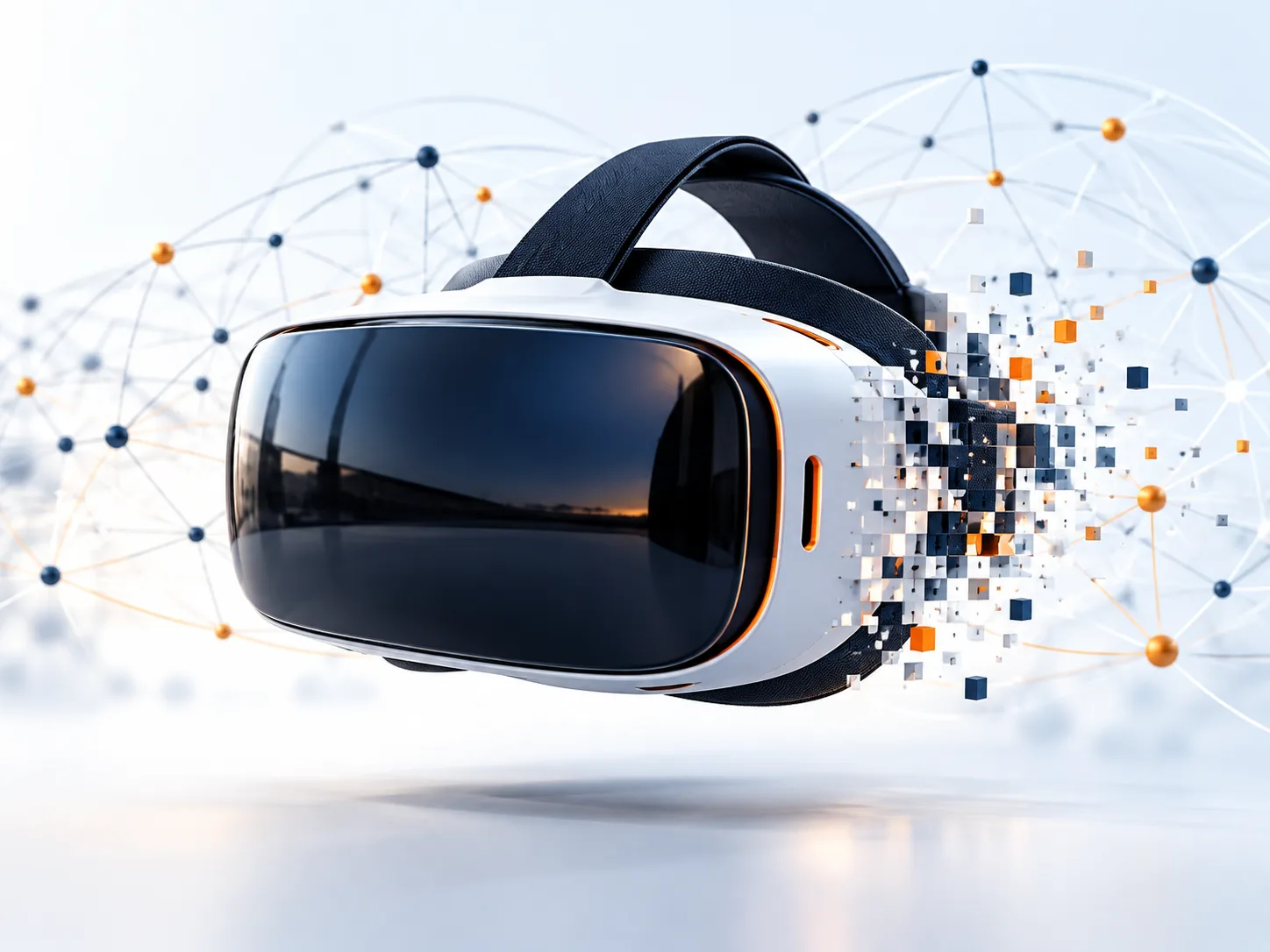 Casque VR dont un côté se disperse en pixels, avec des connexions web en arrière-plan